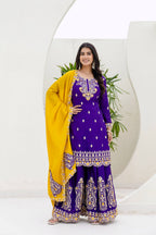 Lehenga Mart Designer Chinon Ready to wear Kurta Palazzo Dupatta for Women - Purple | Grocsy
