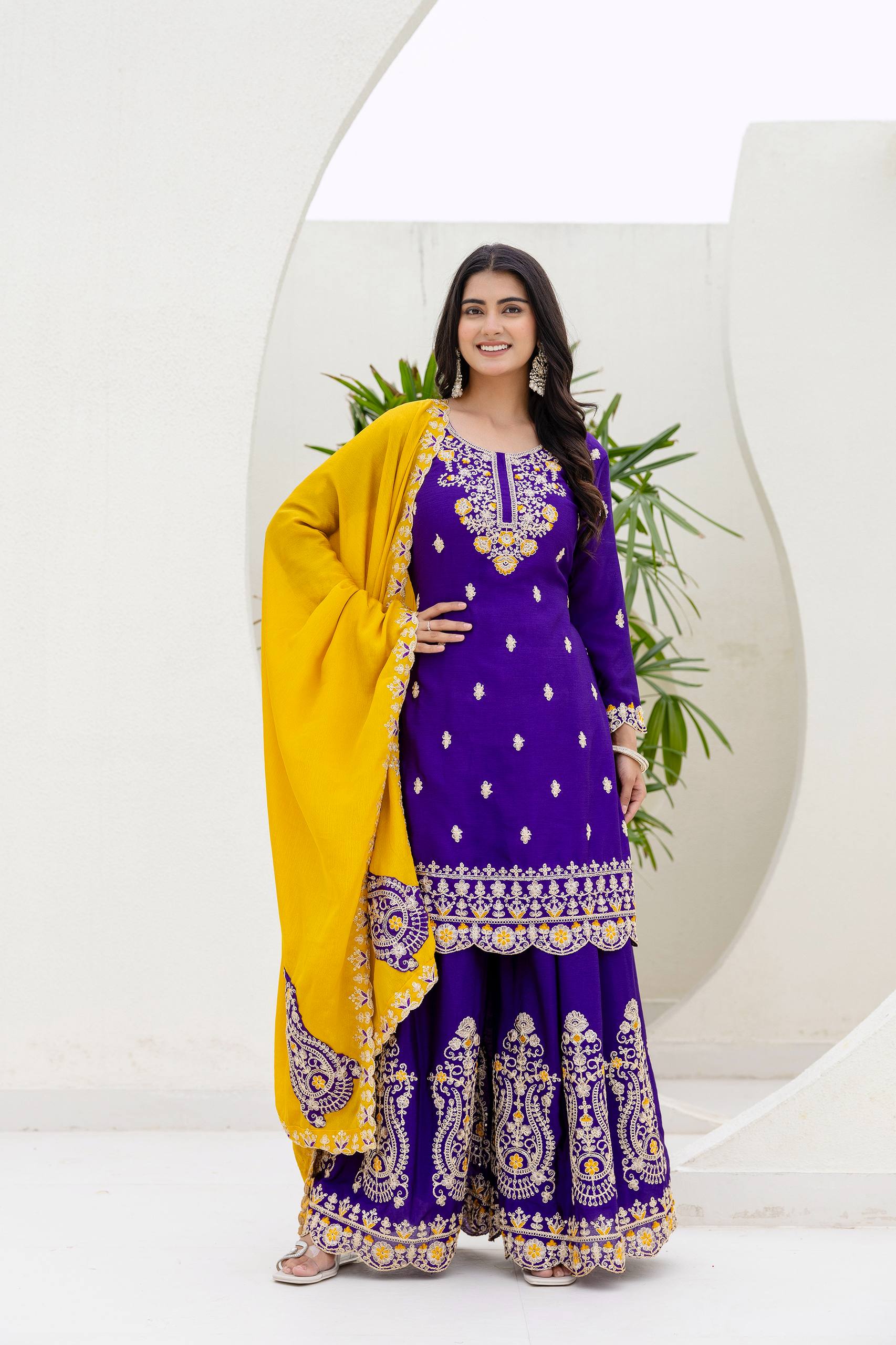 Lehenga Mart Designer Chinon Ready to wear Kurta Palazzo Dupatta for Women - Purple | Grocsy