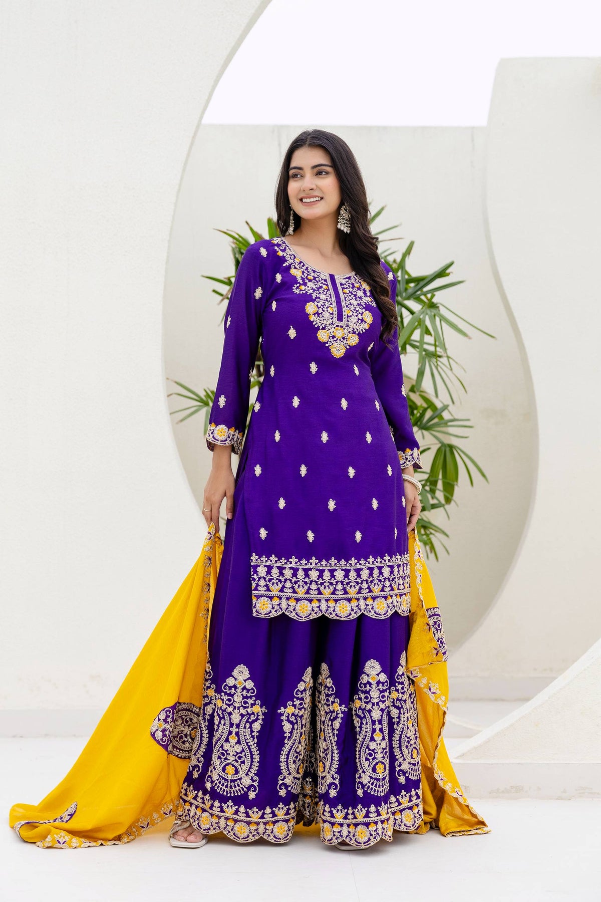 Lehenga Mart Designer Chinon Ready to wear Kurta Palazzo Dupatta for Women - Purple | Grocsy