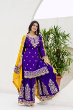 Lehenga Mart Designer Chinon Ready to wear Kurta Palazzo Dupatta for Women - Purple | Grocsy