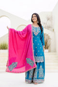 Lehenga Mart Designer Chinon Ready to wear Kurta Palazzo Dupatta for Women - Sky blue | Grocsy