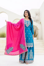 Lehenga Mart Designer Chinon Ready to wear Kurta Palazzo Dupatta for Women - Sky blue | Grocsy