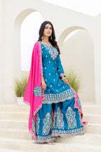 Lehenga Mart Designer Chinon Ready to wear Kurta Palazzo Dupatta for Women - Sky blue | Grocsy