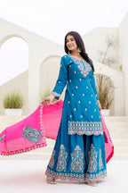 Lehenga Mart Designer Chinon Ready to wear Kurta Palazzo Dupatta for Women - Sky blue | Grocsy
