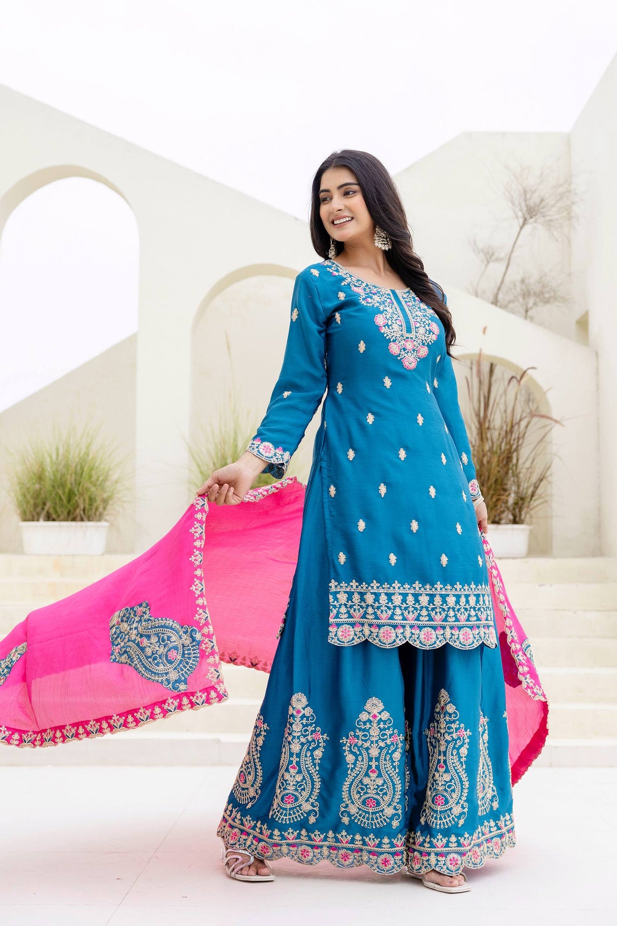 Lehenga Mart Designer Chinon Ready to wear Kurta Palazzo Dupatta for Women - Sky blue | Grocsy
