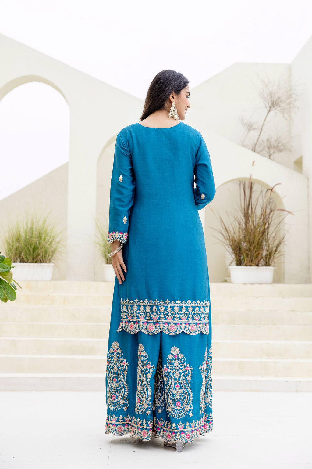 Lehenga Mart Designer Chinon Ready to wear Kurta Palazzo Dupatta for Women - Sky blue | Grocsy