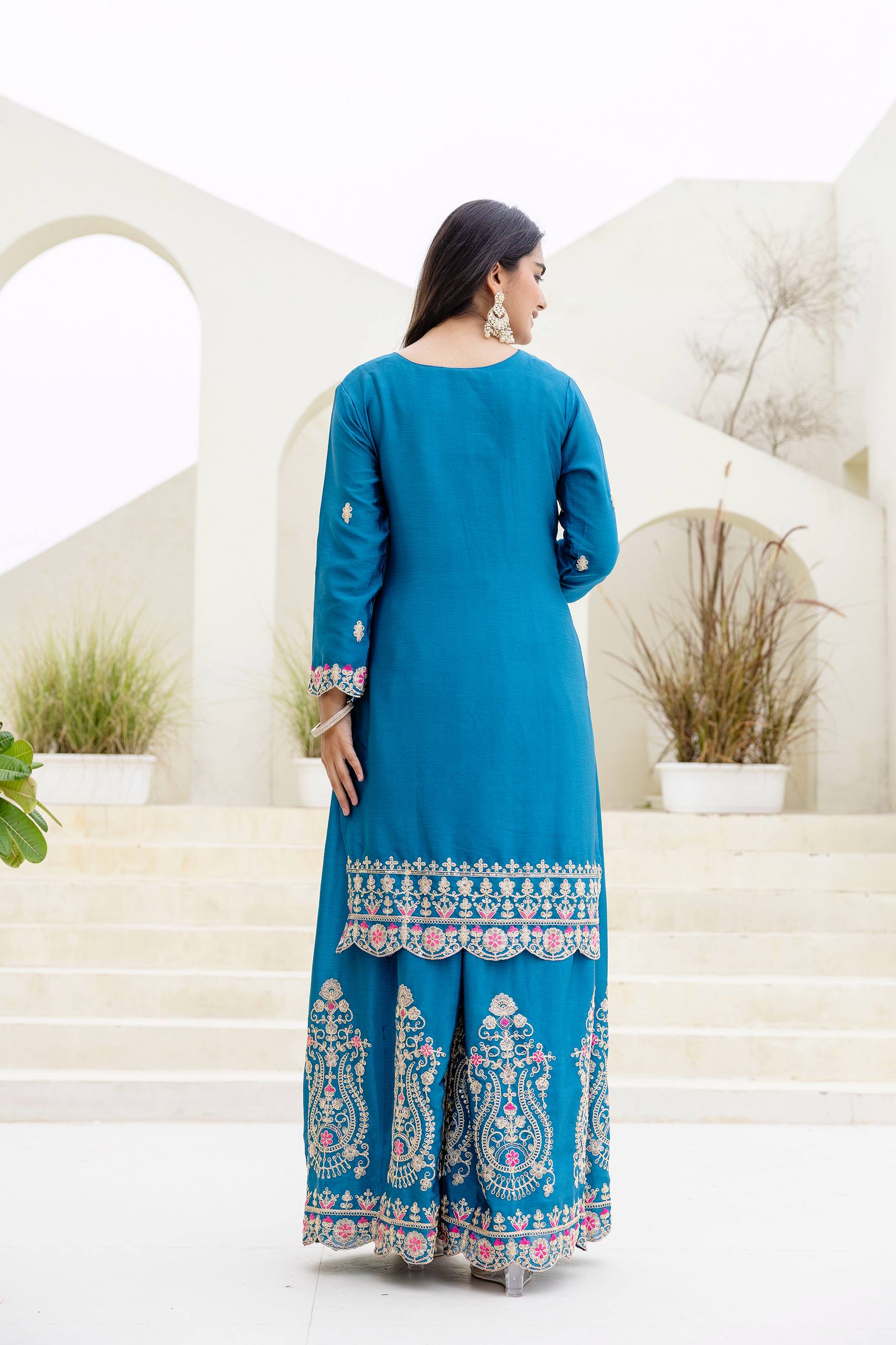 Lehenga Mart Designer Chinon Ready to wear Kurta Palazzo Dupatta for Women - Sky blue | Grocsy