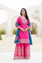 Lehenga Mart Designer Chinon Ready to wear Kurta Palazzo Dupatta for Women - Pink | Grocsy