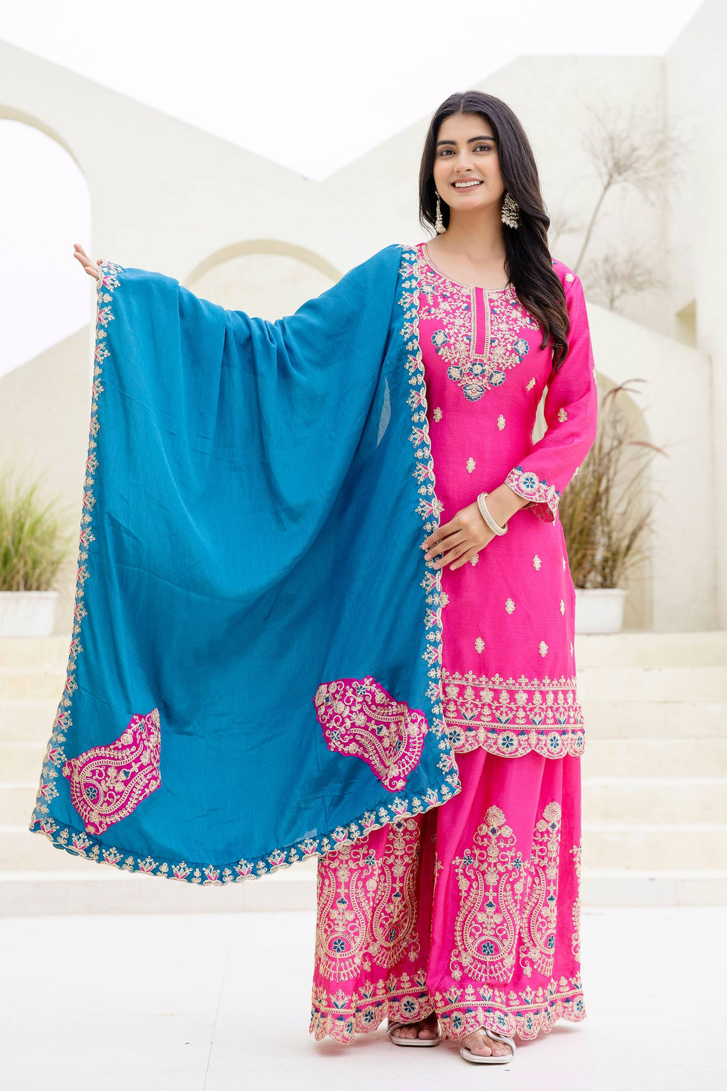 Lehenga Mart Designer Chinon Ready to wear Kurta Palazzo Dupatta for Women - Pink | Grocsy