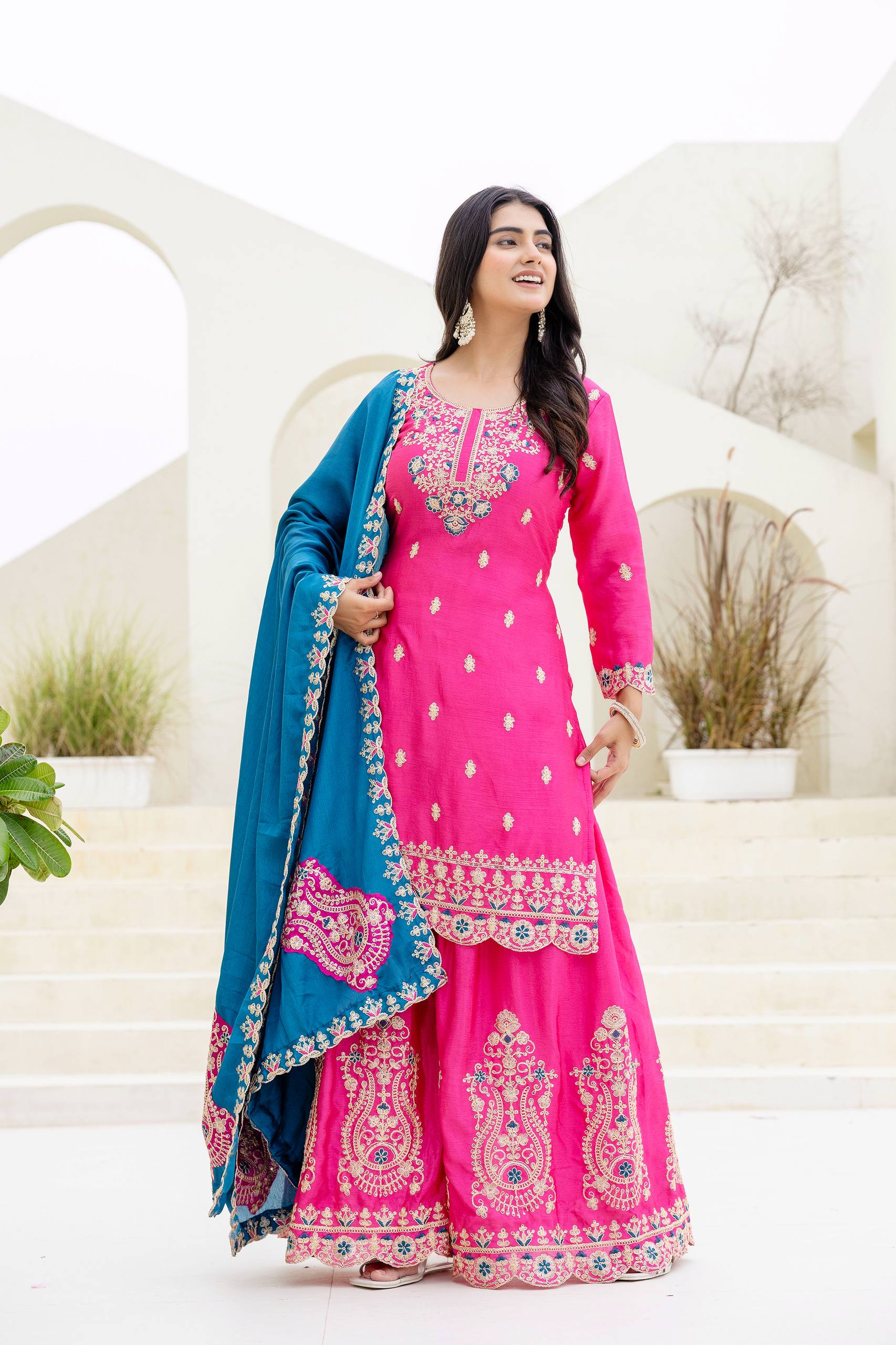 Lehenga Mart Designer Chinon Ready to wear Kurta Palazzo Dupatta for Women - Pink | Grocsy