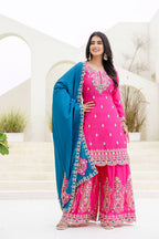 Lehenga Mart Designer Chinon Ready to wear Kurta Palazzo Dupatta for Women - Pink | Grocsy