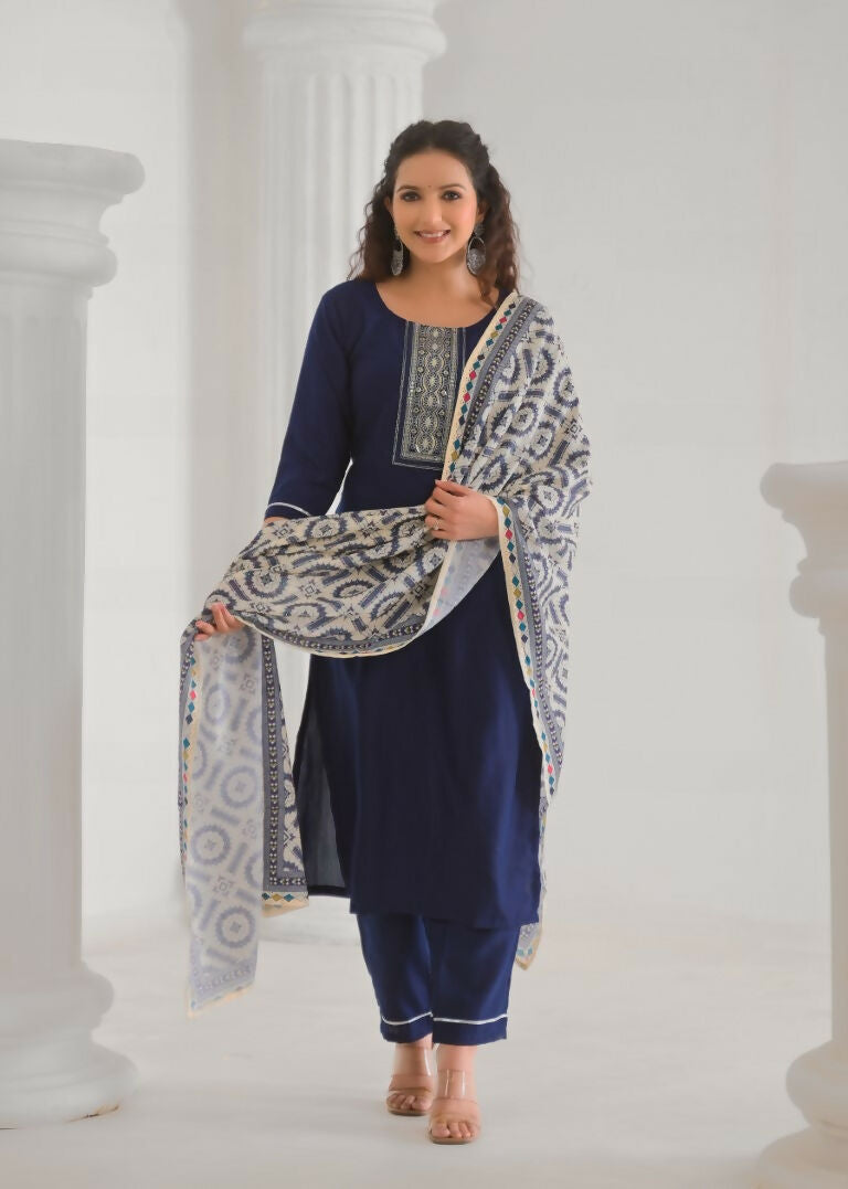 Festive Ethnic Viscose Chanderi Blue Stitched Suit With Dupatta - Rashmika | Grocsy