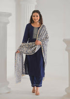 Festive Ethnic Viscose Chanderi Blue Stitched Suit With Dupatta - Rashmika | Grocsy