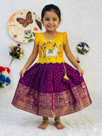 Teeya Creation Kids Latest Collection Girls Yellow & Wine Purple Pattu Pavadai Lehenga Set With Ruffle Sleeves-Yellow | Grocsy