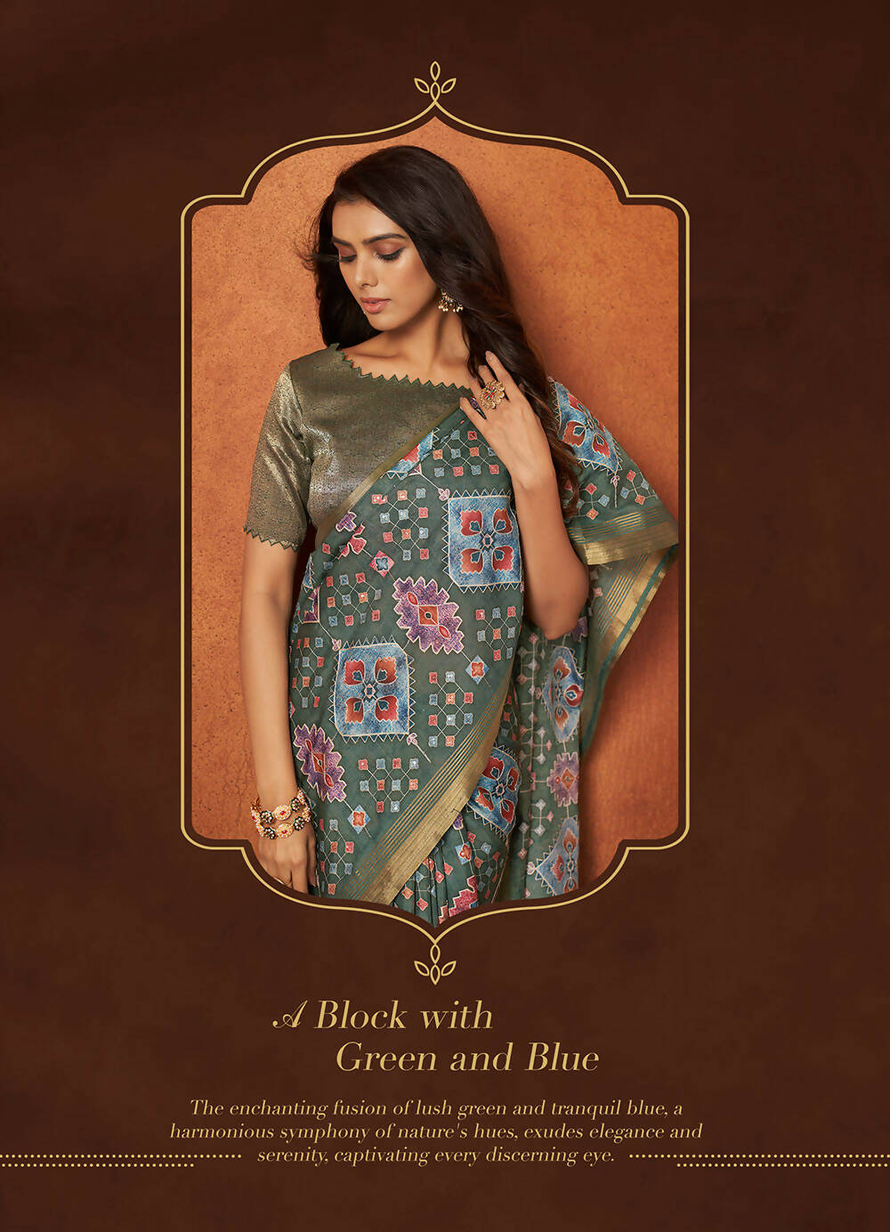 Green Rangkat and Crepe Silk Aztec Saree With Unstitched Blouse Piece - Mohmanthan Royal Saachi | Grocsy
