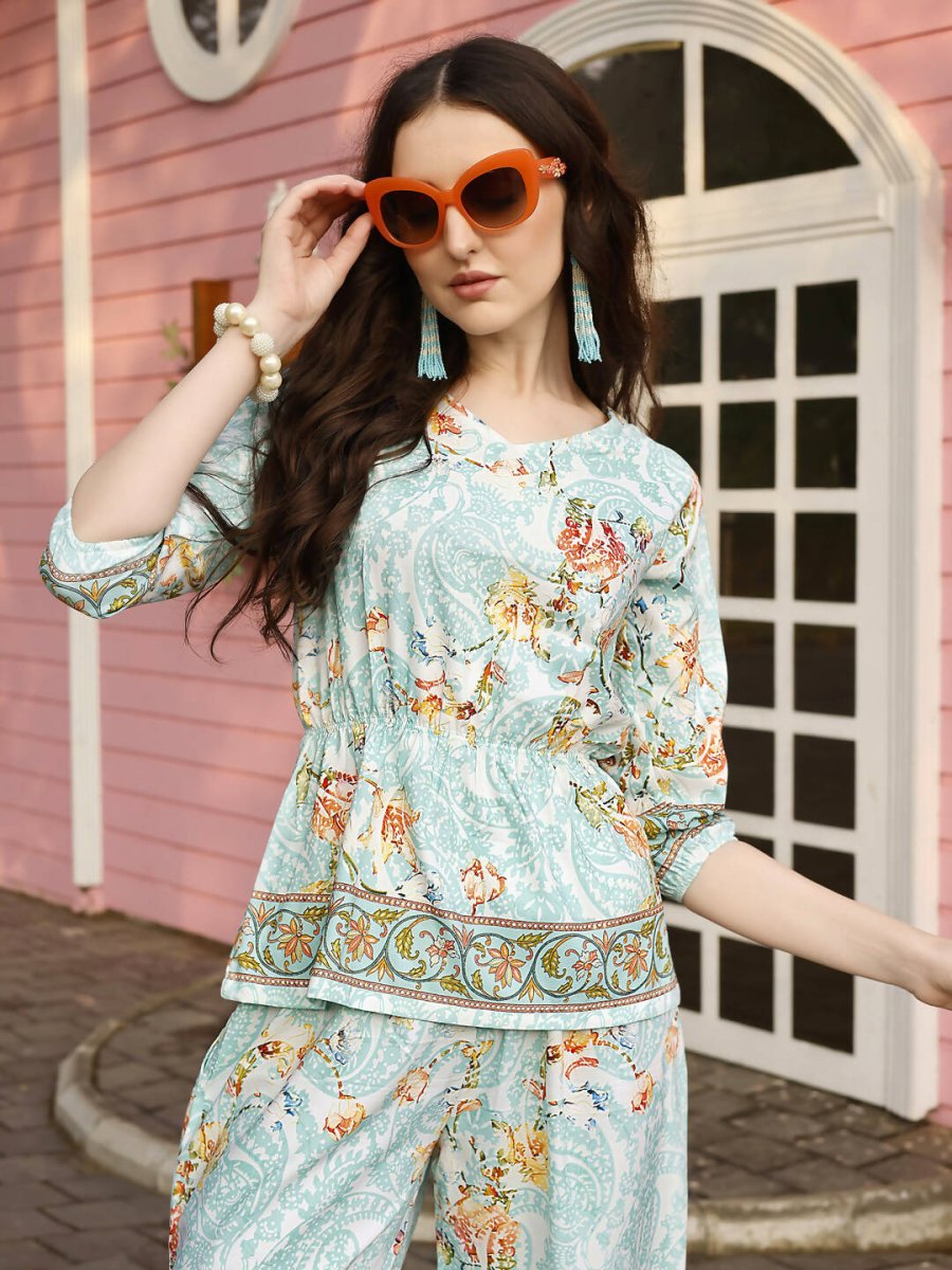 Aqua Blue Rayon Paisley & Floral Printed Top with Matching Bottom - Eesha | Grocsy