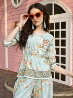 Aqua Blue Rayon Paisley & Floral Printed Top with Matching Bottom - Eesha | Grocsy