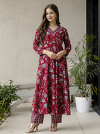 The52 Maroon Women's Gorgeous Rayon Fabric Printed Work Flared Kurta, Pant and Dupatta Set | Grocsy