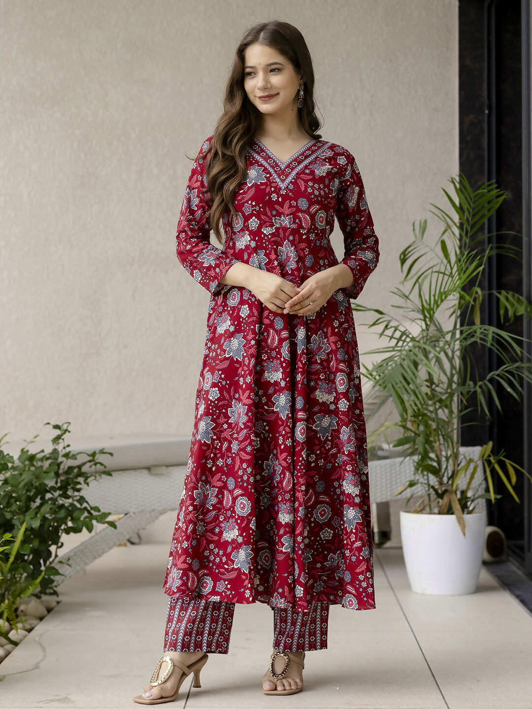 The52 Maroon Women's Gorgeous Rayon Fabric Printed Work Flared Kurta, Pant and Dupatta Set | Grocsy