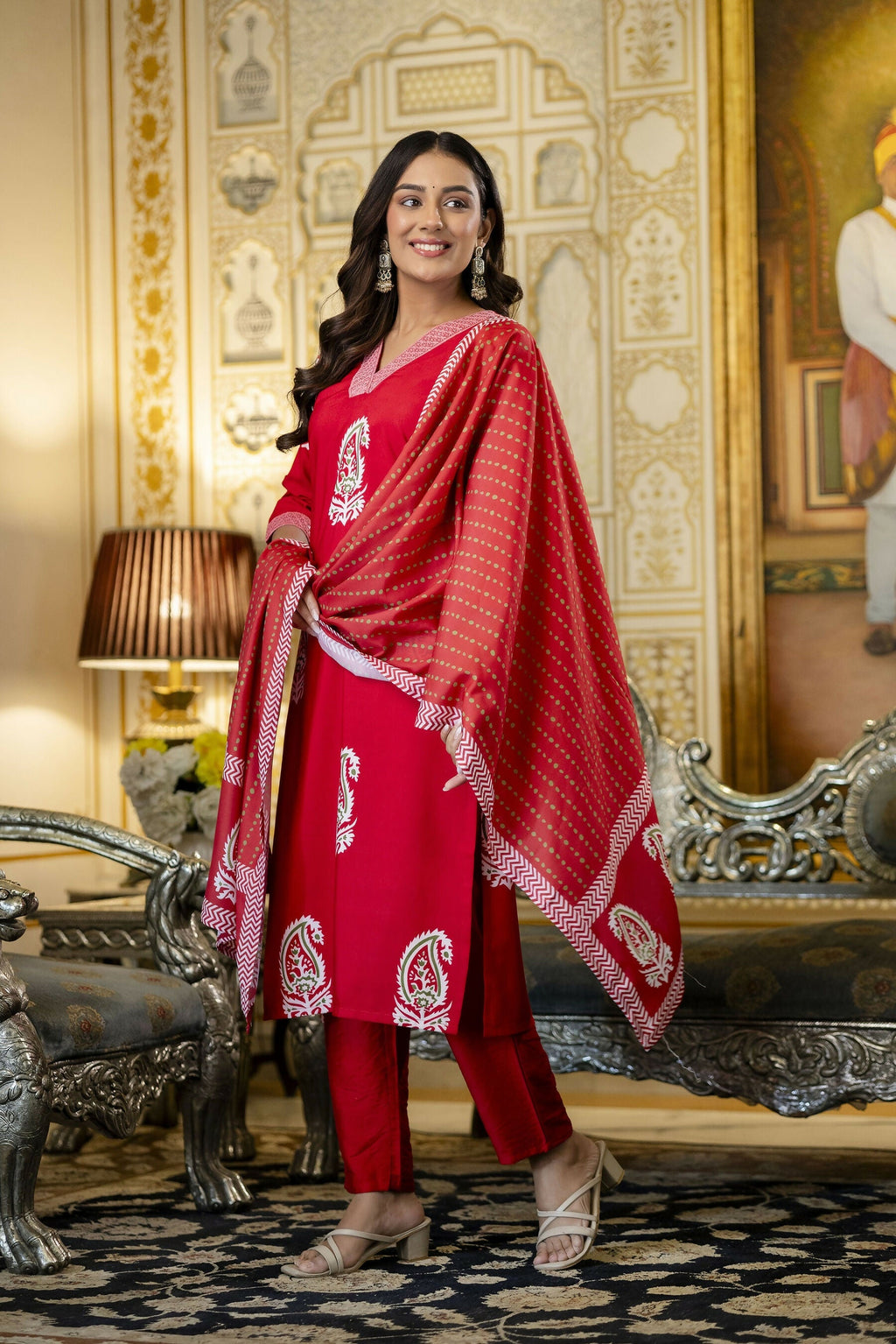 The52 Women's Beautiful Rayon Fabric Printed Work Straight Kurta Pant and Dupatta Set | Grocsy