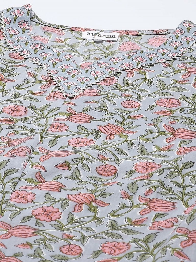 Miravan Women's Cotton Floral Printed Straight Kurta Palazzo  | Grocsy