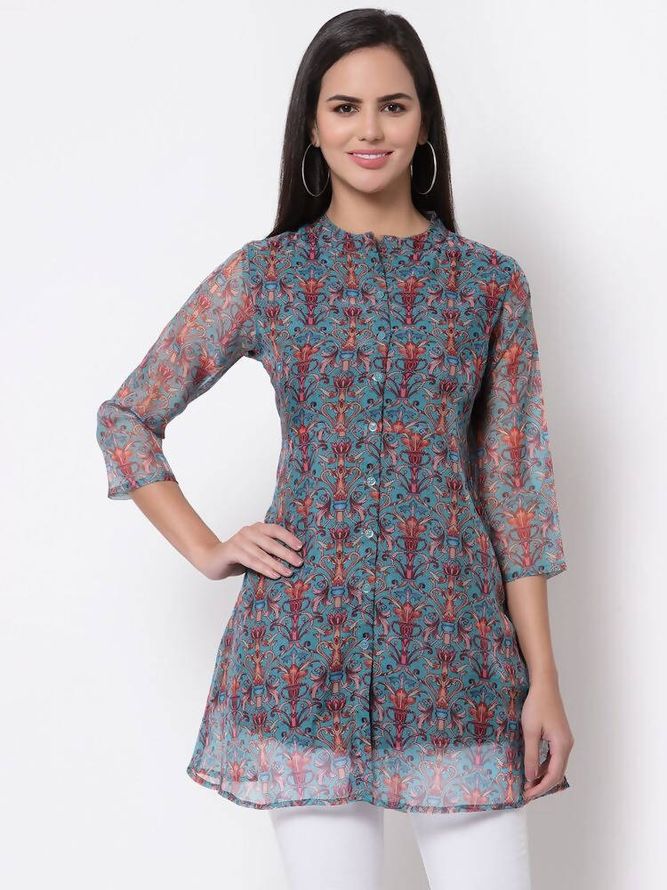 Myshka Women's Beautiful Organza Printed 3/4 Sleeve Round Neck Casual Multicolor Tunic | Grocsy