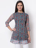Myshka Women's Beautiful Organza Printed 3/4 Sleeve Round Neck Casual Multicolor Tunic | Grocsy