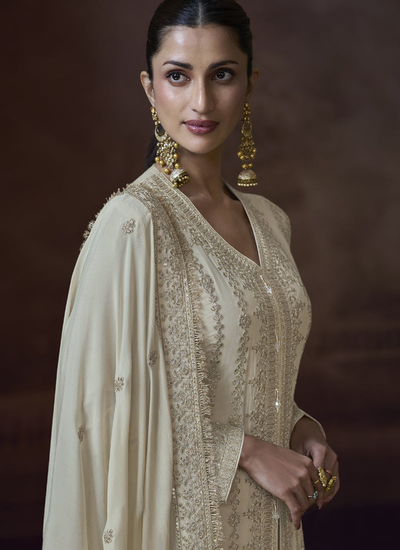 Vegaa Fashion Off White Chinon Silk Embroidered Designer Palazzo Suit | Grocsy