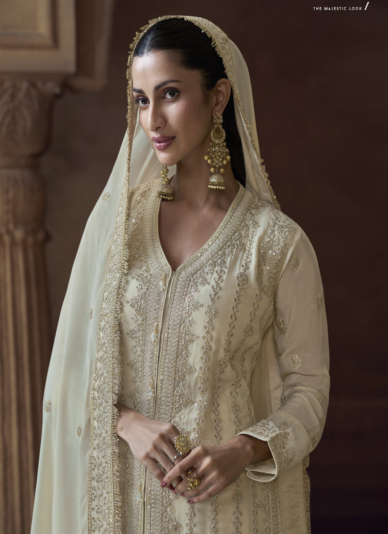 Vegaa Fashion Off White Chinon Silk Embroidered Designer Palazzo Suit | Grocsy