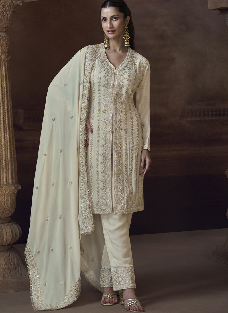 Vegaa Fashion Off White Chinon Silk Embroidered Designer Palazzo Suit | Grocsy