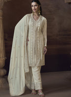 Vegaa Fashion Off White Chinon Silk Embroidered Designer Palazzo Suit | Grocsy