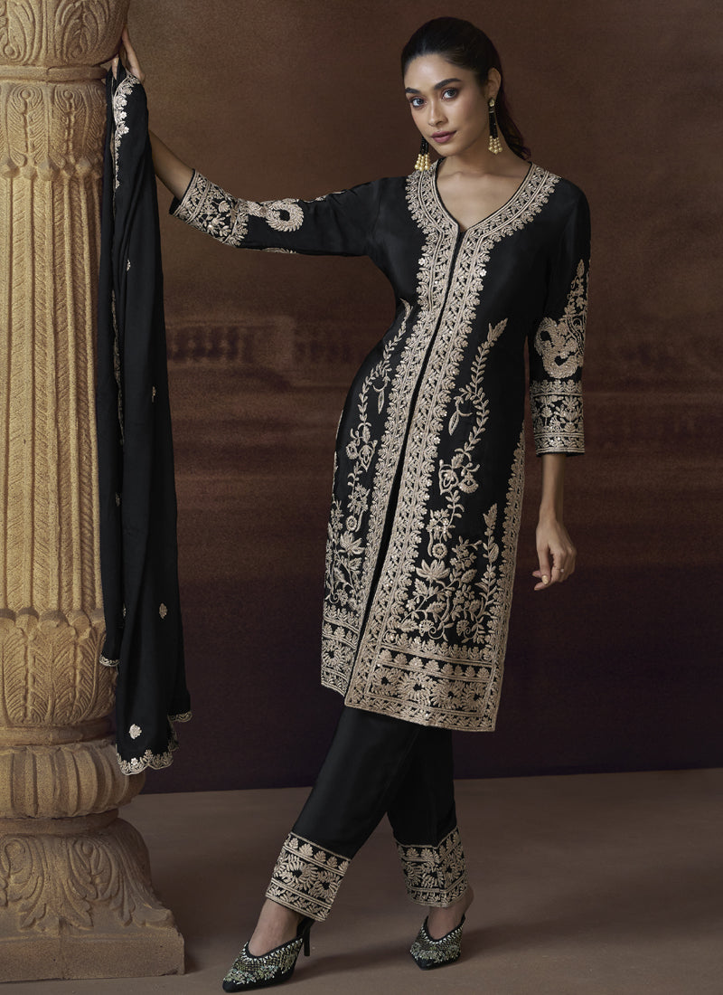 Vegaa Fashion Black Chinon Silk Embroidered Designer Palazzo Suit | Grocsy