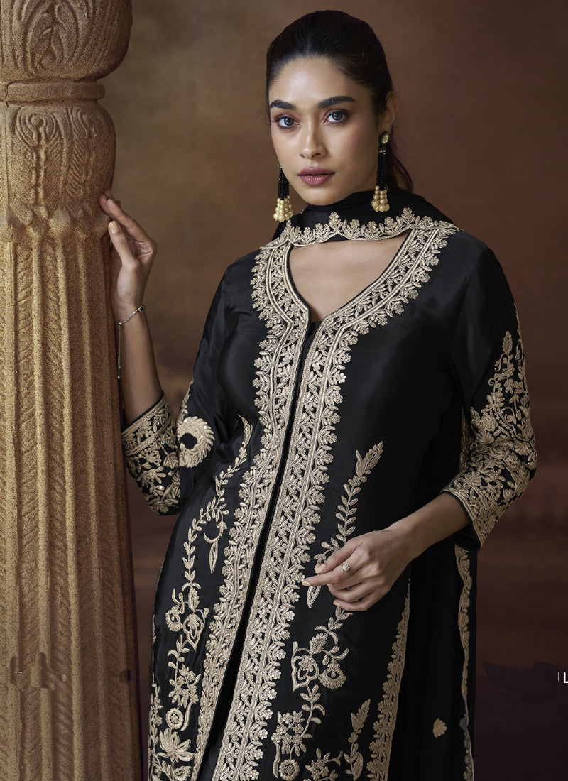Vegaa Fashion Black Chinon Silk Embroidered Designer Palazzo Suit | Grocsy