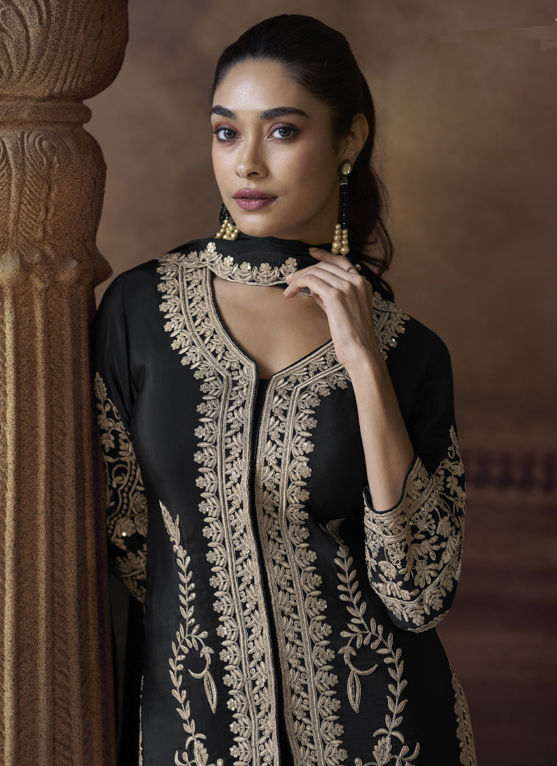 Vegaa Fashion Black Chinon Silk Embroidered Designer Palazzo Suit | Grocsy