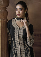 Vegaa Fashion Black Chinon Silk Embroidered Designer Palazzo Suit | Grocsy