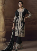 Vegaa Fashion Black Chinon Silk Embroidered Designer Palazzo Suit | Grocsy