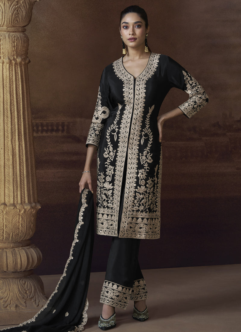 Vegaa Fashion Black Chinon Silk Embroidered Designer Palazzo Suit | Grocsy