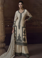 Vegaa Fashion Off White Chinon Silk Embroidered Designer Palazzo Suit | Grocsy