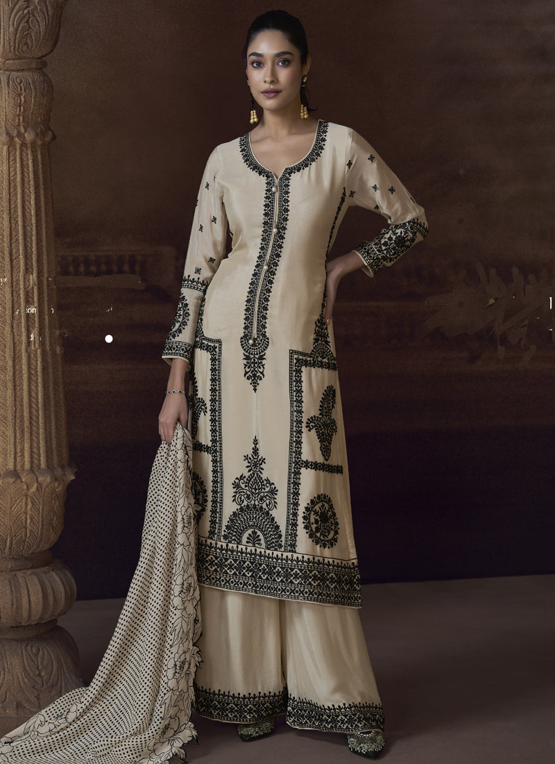 Vegaa Fashion Off White Chinon Silk Embroidered Designer Palazzo Suit | Grocsy