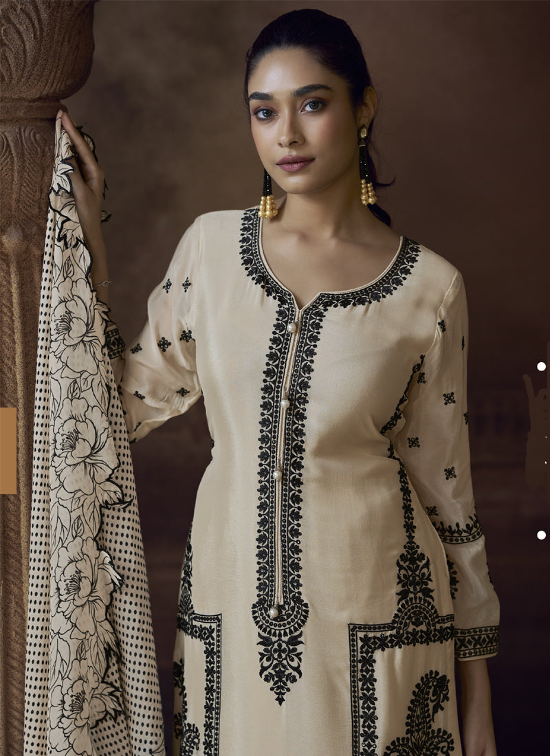 Vegaa Fashion Off White Chinon Silk Embroidered Designer Palazzo Suit | Grocsy