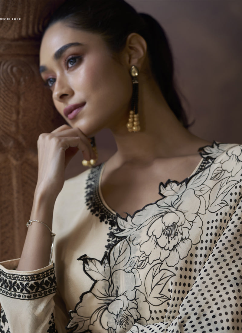 Vegaa Fashion Off White Chinon Silk Embroidered Designer Palazzo Suit | Grocsy