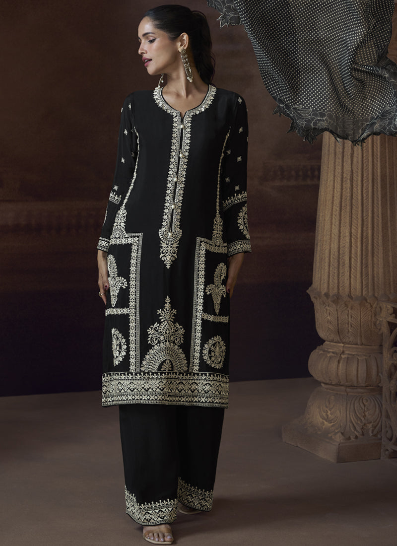 Vegaa Fashion Black Chinon Silk Embroidered Designer Palazzo Suit | Grocsy