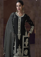 Vegaa Fashion Black Chinon Silk Embroidered Designer Palazzo Suit | Grocsy