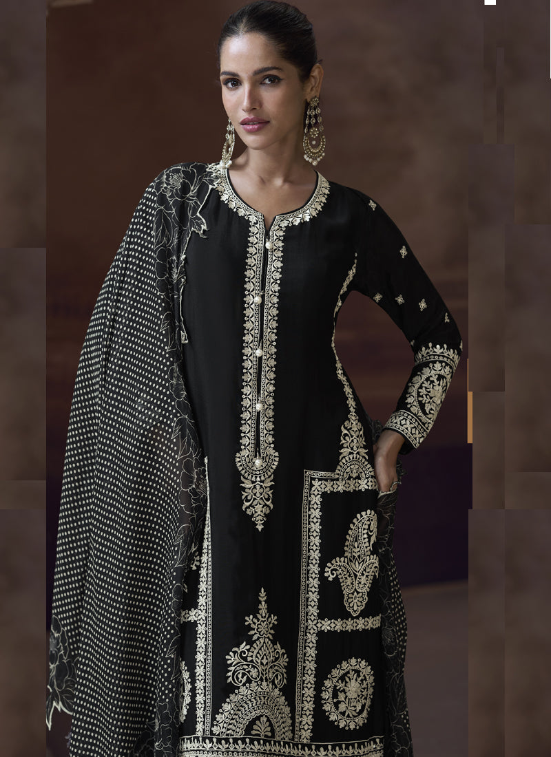 Vegaa Fashion Black Chinon Silk Embroidered Designer Palazzo Suit | Grocsy
