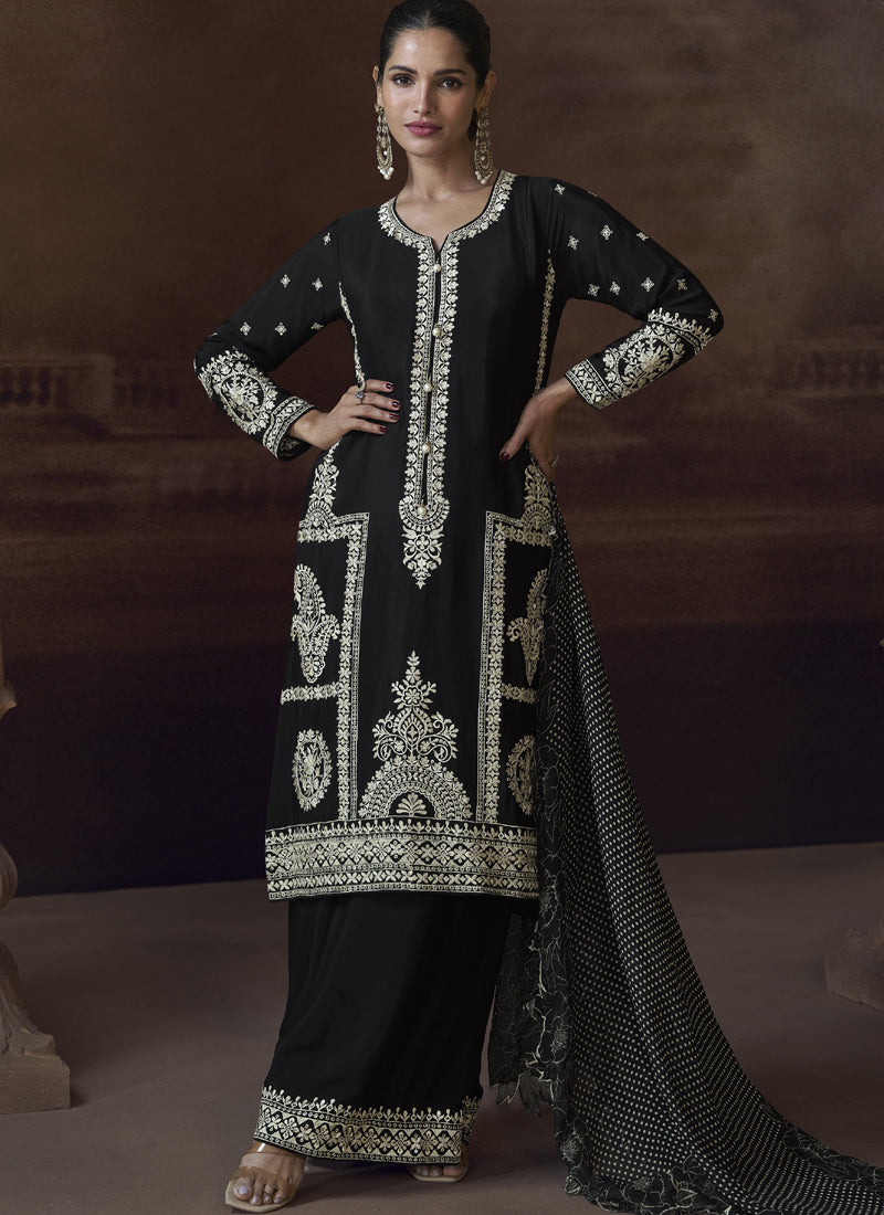 Vegaa Fashion Black Chinon Silk Embroidered Designer Palazzo Suit | Grocsy