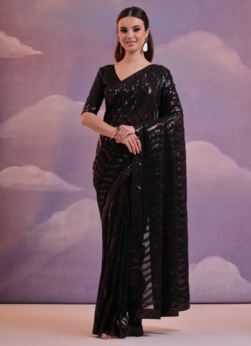 Vegaa Fashion Black Soft Georgette Leriya Sequence Work Saree | Grocsy