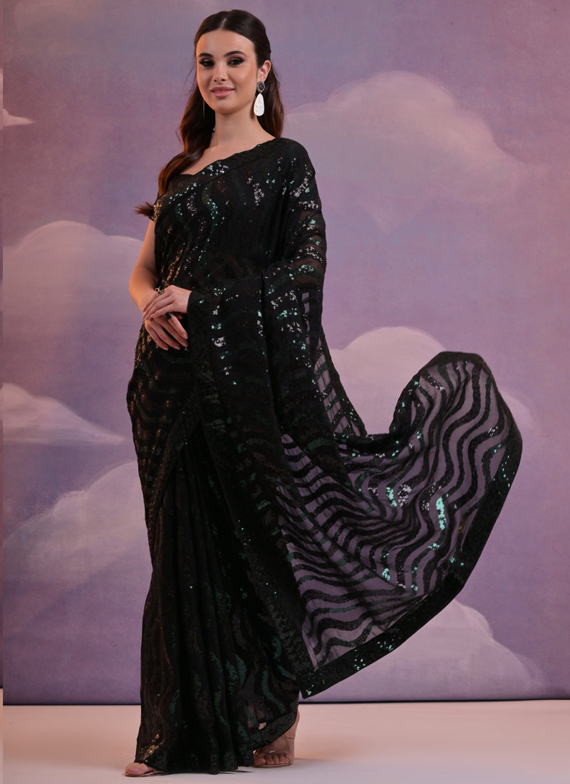 Vegaa Fashion Black Soft Georgette Leriya Sequence Work Saree | Grocsy