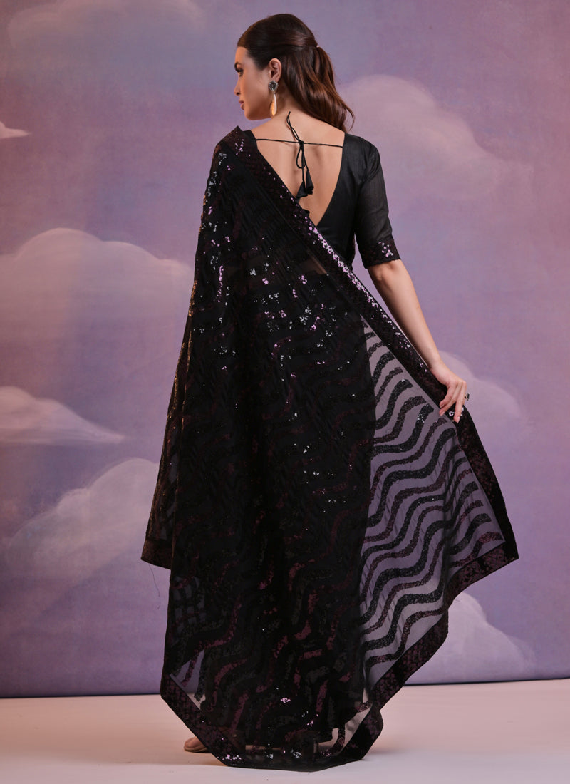 Vegaa Fashion Black Soft Georgette Leriya Sequence Work Saree | Grocsy
