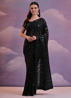 Vegaa Fashion Black Soft Georgette Leriya Sequence Work Saree | Grocsy