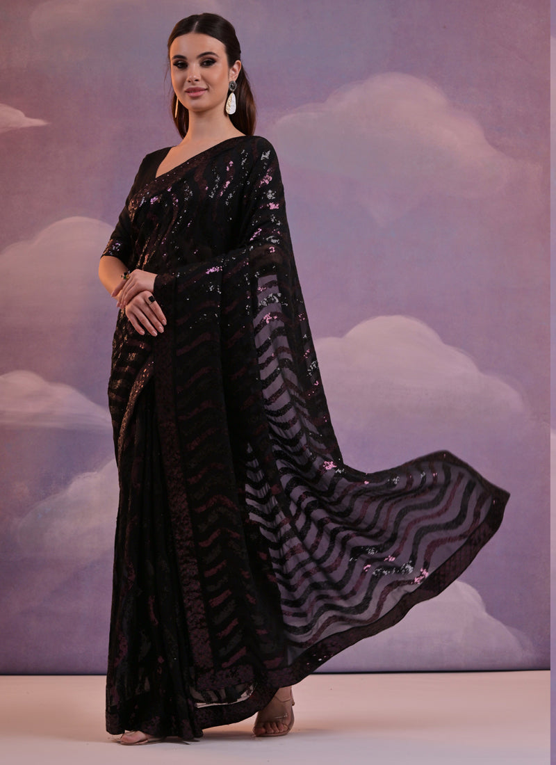Vegaa Fashion Black Soft Georgette Leriya Sequence Work Saree | Grocsy